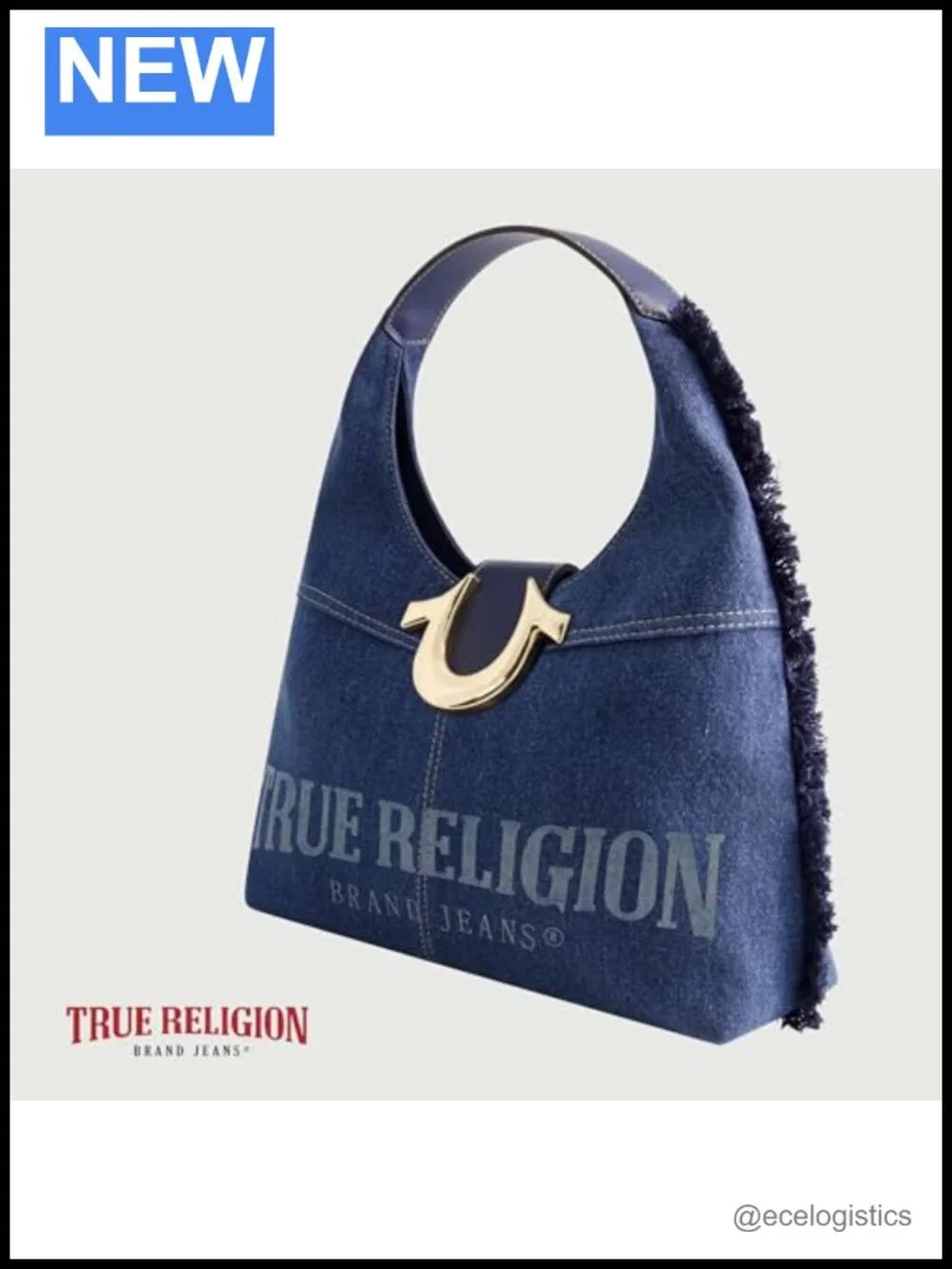 Frayed Denim Hobo Bag, Medium Shoulder Purse with Horseshoe Logo